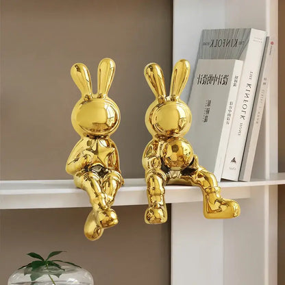 Stylized gold ceramic rabbit sculpture set living room decor