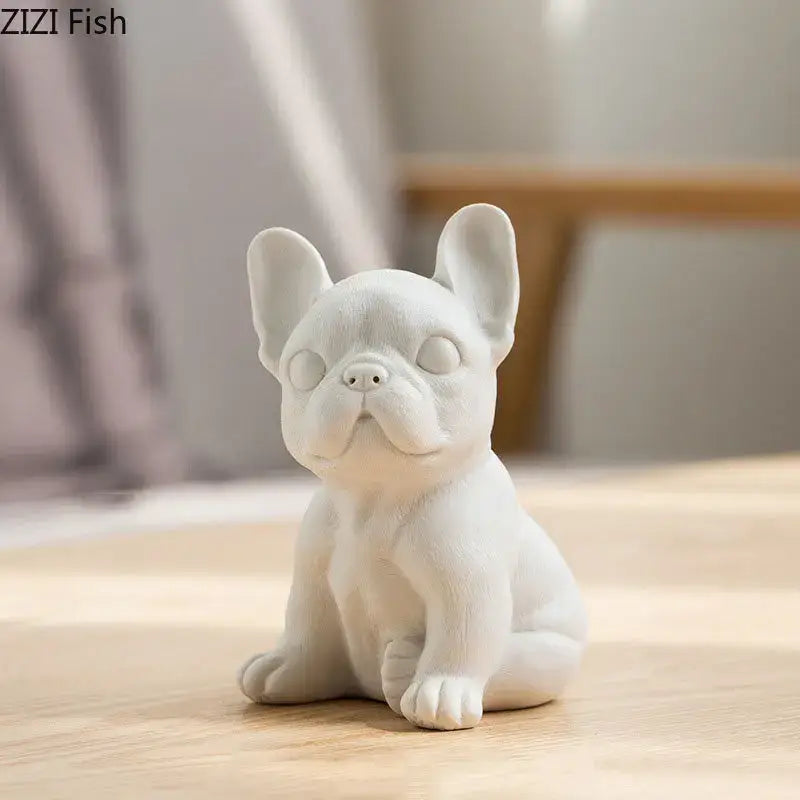 Stylized white matte french bulldog ceramic sculpture living room decor