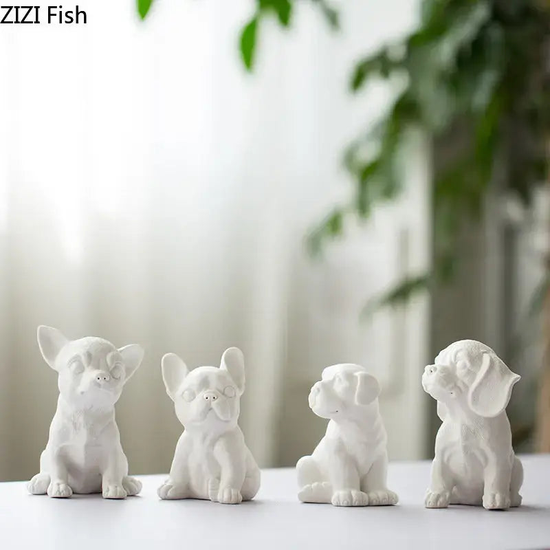 Stylized white matte french bulldog ceramic sculpture living room decor