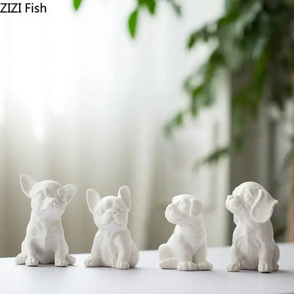 Stylized white matte french bulldog ceramic sculpture living room decor