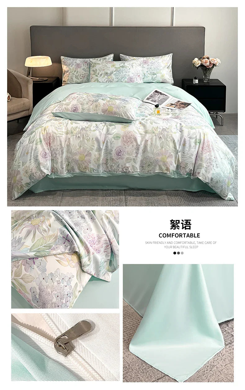 DecorBites™ Summer Floral Satin Silk Duvet Cover Set