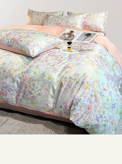 DecorBites™ Summer Floral Satin Silk Duvet Cover Set