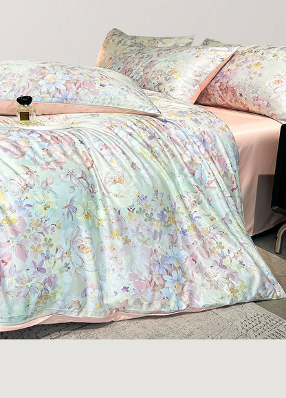 DecorBites™ Summer Floral Satin Silk Duvet Cover Set