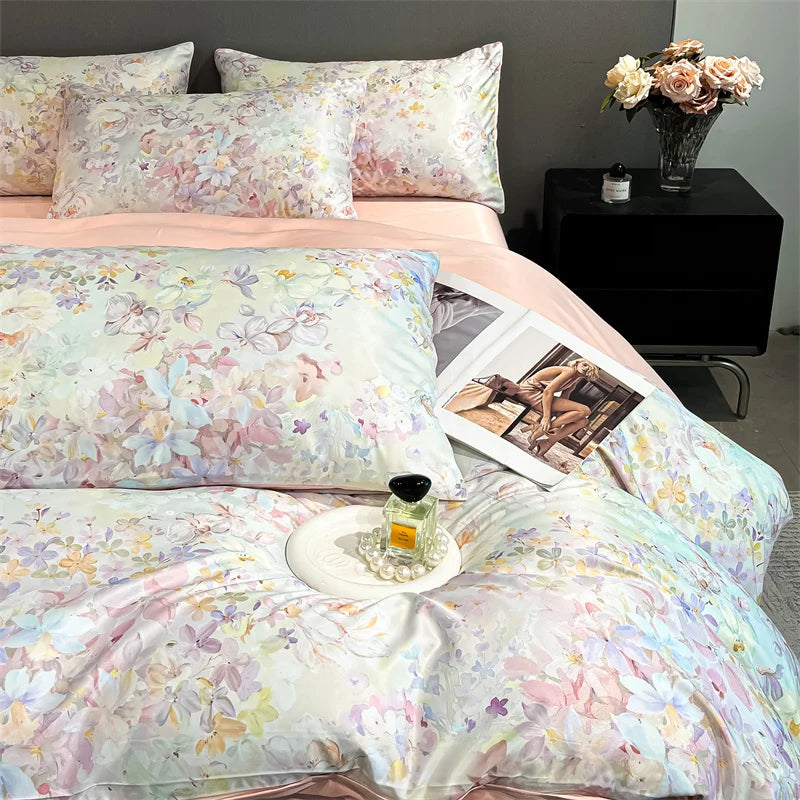 DecorBites™ Summer Floral Satin Silk Duvet Cover Set