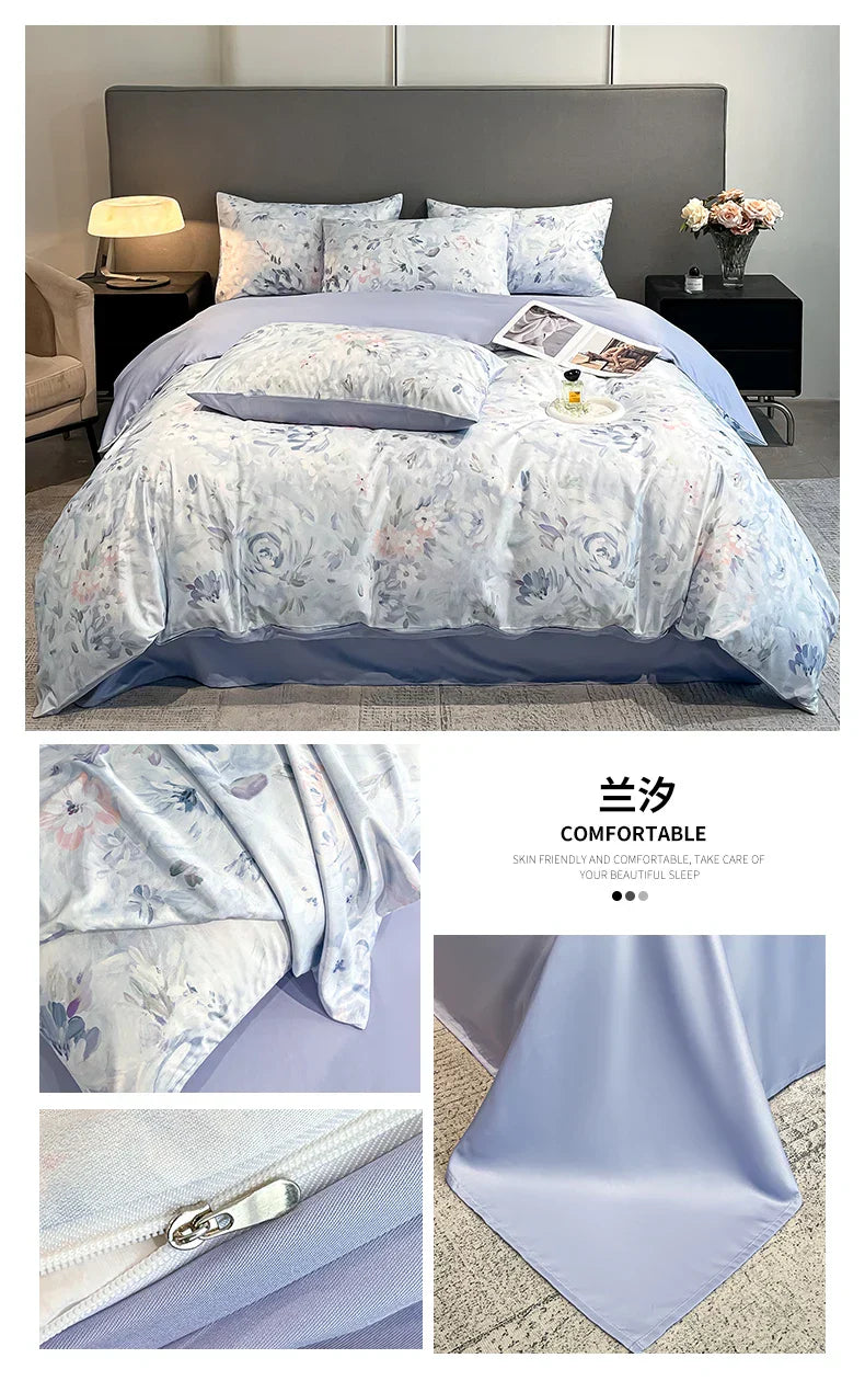 DecorBites™ Summer Floral Satin Silk Duvet Cover Set