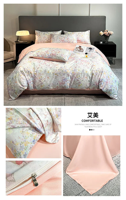 DecorBites™ Summer Floral Satin Silk Duvet Cover Set