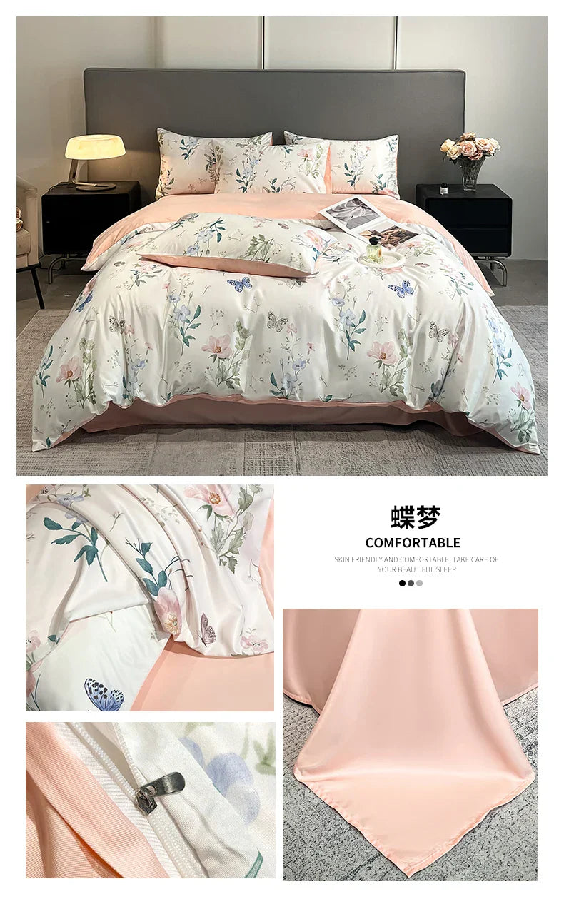 DecorBites™ Summer Floral Satin Silk Duvet Cover Set