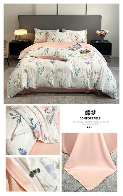 DecorBites™ Summer Floral Satin Silk Duvet Cover Set