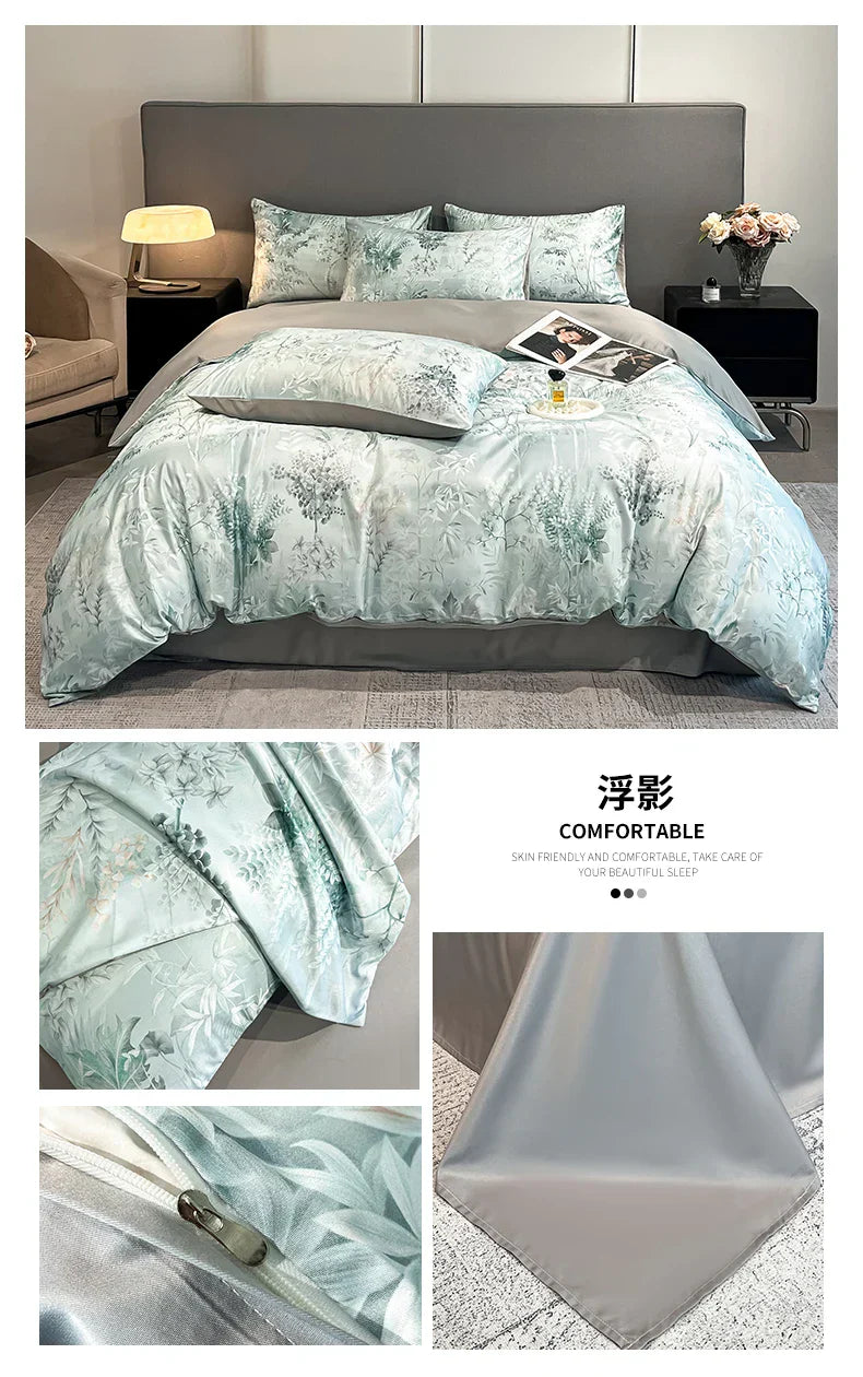 DecorBites™ Summer Floral Satin Silk Duvet Cover Set
