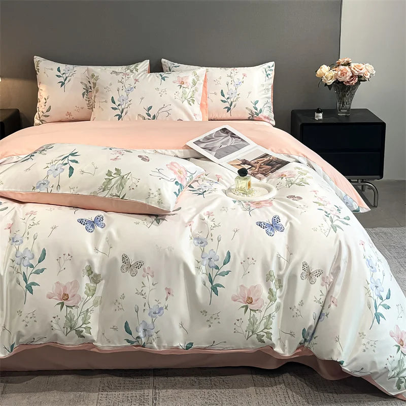 DecorBites™ Summer Floral Satin Silk Duvet Cover Set