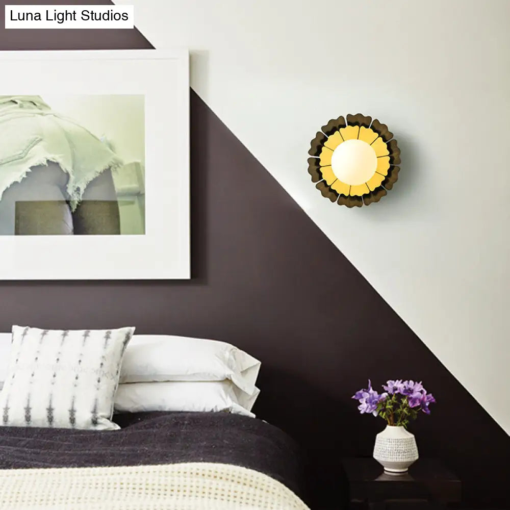 DecorBites™ Sunflower Sconce Light Metallic Wall Lamp: Macaron Yellow 1-Light, Matte White Glass Ball