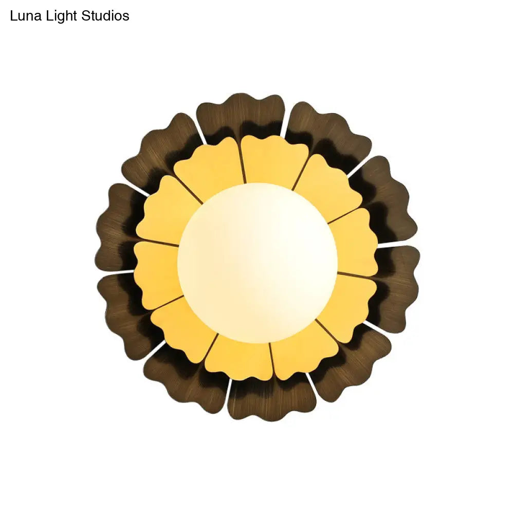 DecorBites™ Sunflower Sconce Light Metallic Wall Lamp: Macaron Yellow 1-Light, Matte White Glass Ball