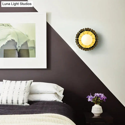 Sunflower yellow & wood wall sconce with matte white glass ball bedroom