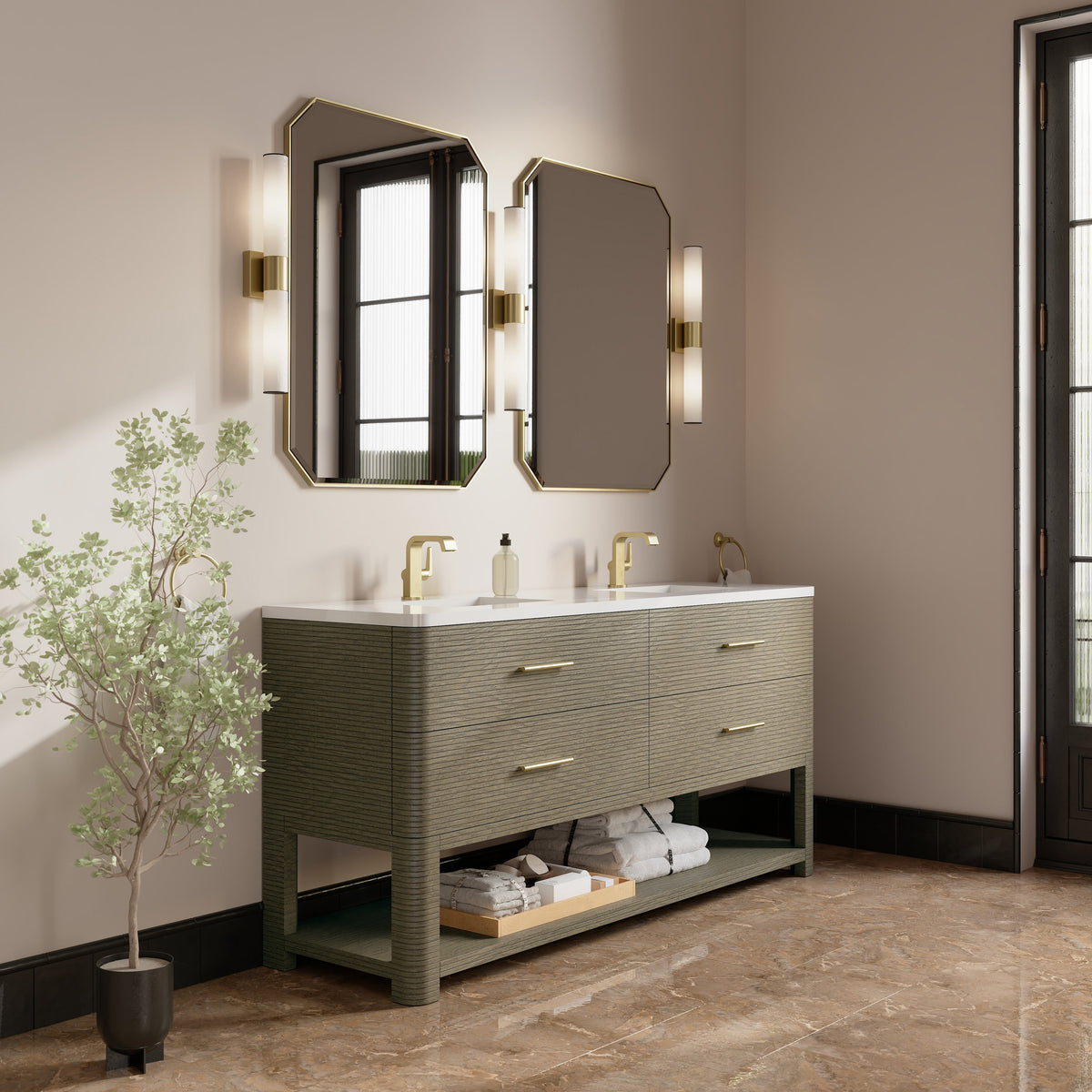 James Martin Lucian 72" Double Bathroom Vanity, Pebble Oak