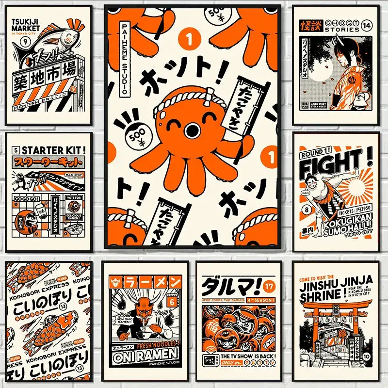 Takoyaki oni ramen orange octopus canvas wall art kitchen decor