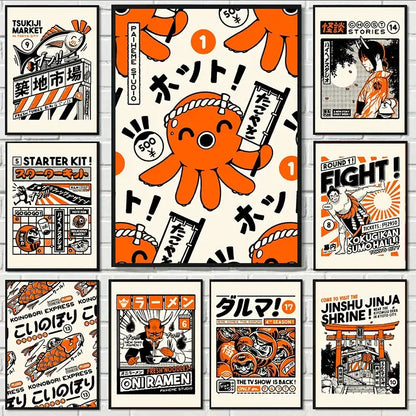 Takoyaki oni ramen orange octopus canvas wall art kitchen decor