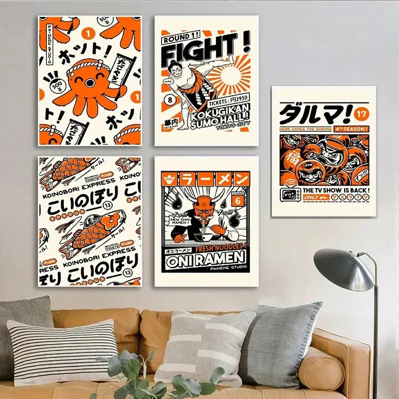 Takoyaki oni ramen orange octopus canvas wall art kitchen decor