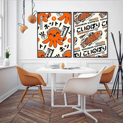 Takoyaki oni ramen orange octopus canvas wall art kitchen decor