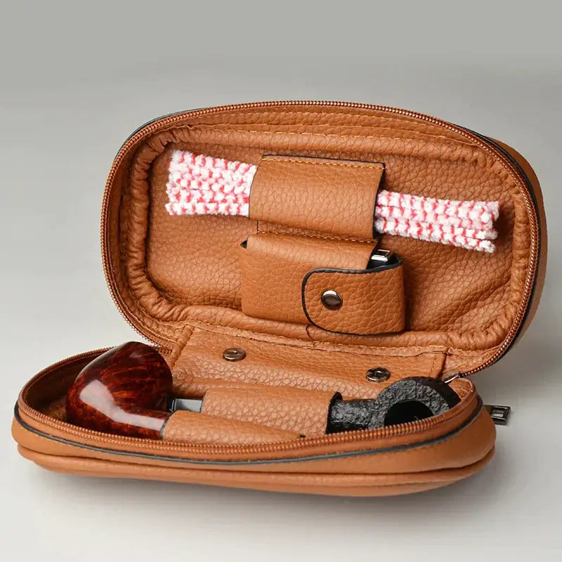 Tan cowhide leather pipe case for 3 pipes office storage bag