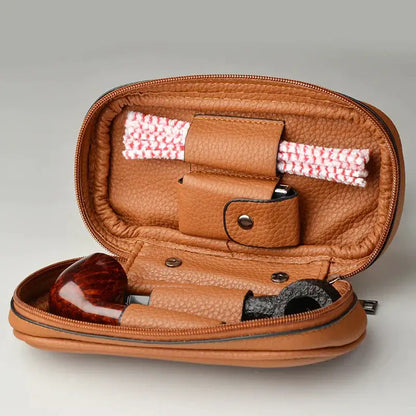 Tan cowhide leather pipe case for 3 pipes office storage bag