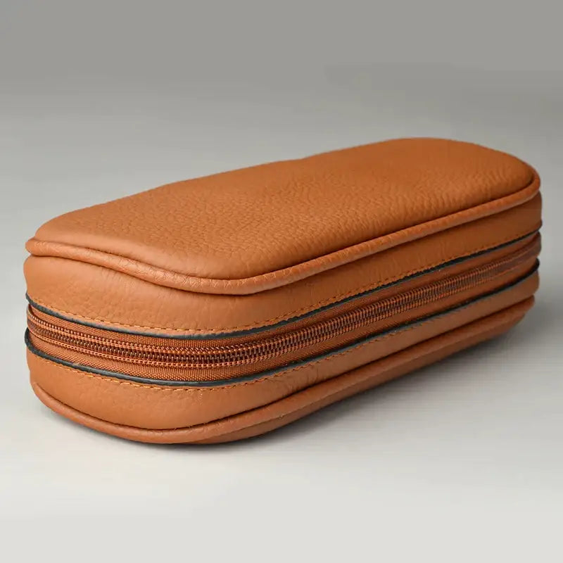 Tan cowhide leather pipe case for 3 pipes office storage bag