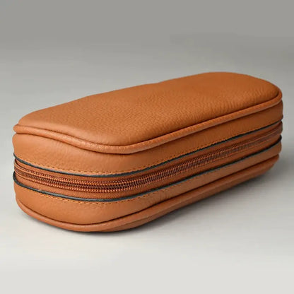 Tan cowhide leather pipe case for 3 pipes office storage bag