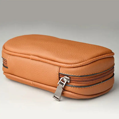 Tan cowhide leather pipe case for 3 pipes office storage bag