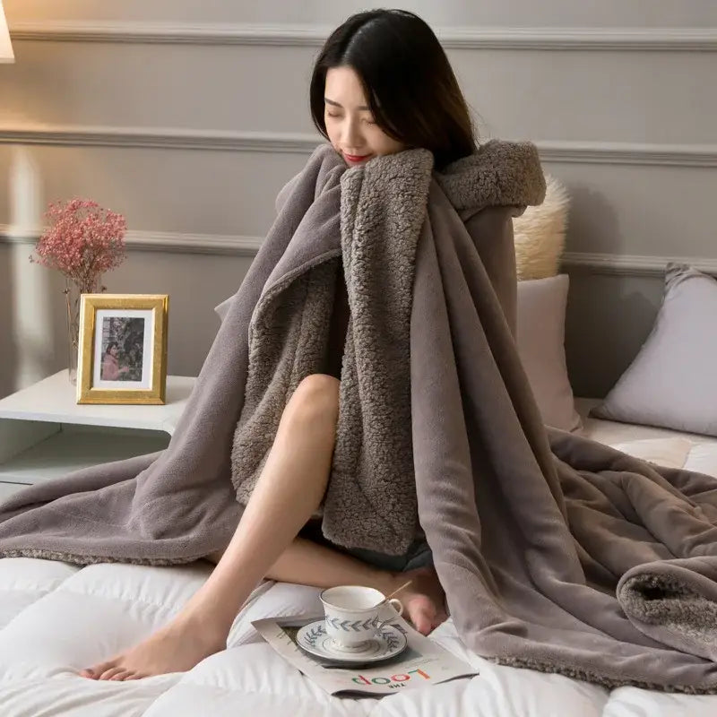 Tan & cream cozy lambswool flannel blanket bedroom fleece throw