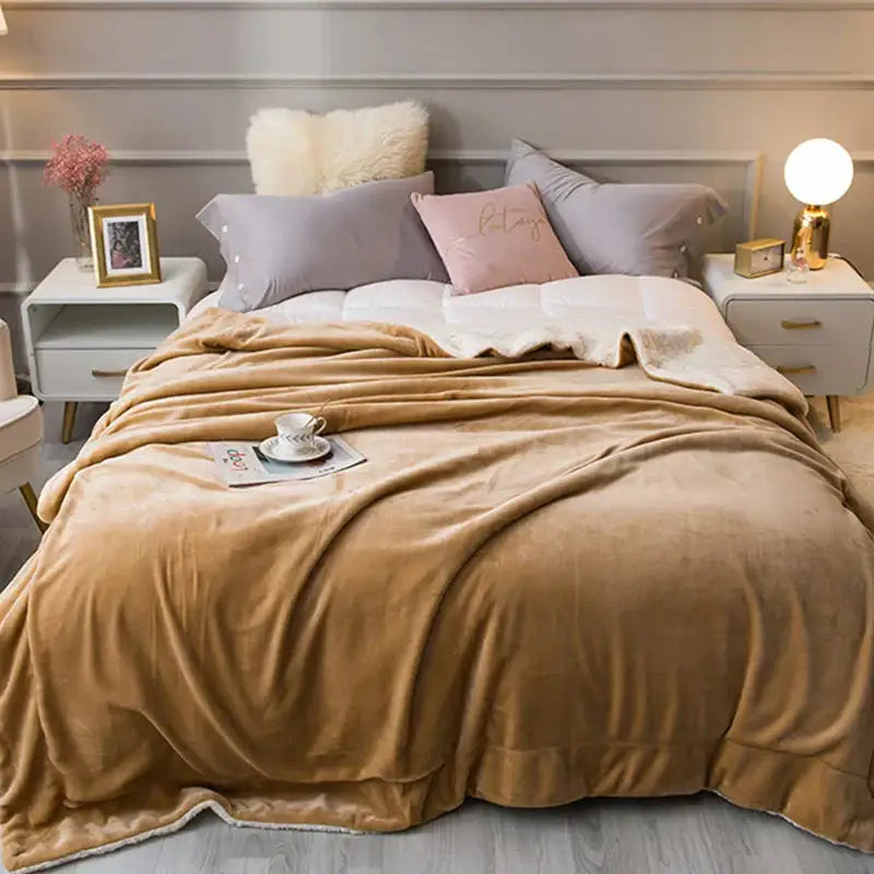 Tan & cream cozy lambswool flannel blanket bedroom fleece throw