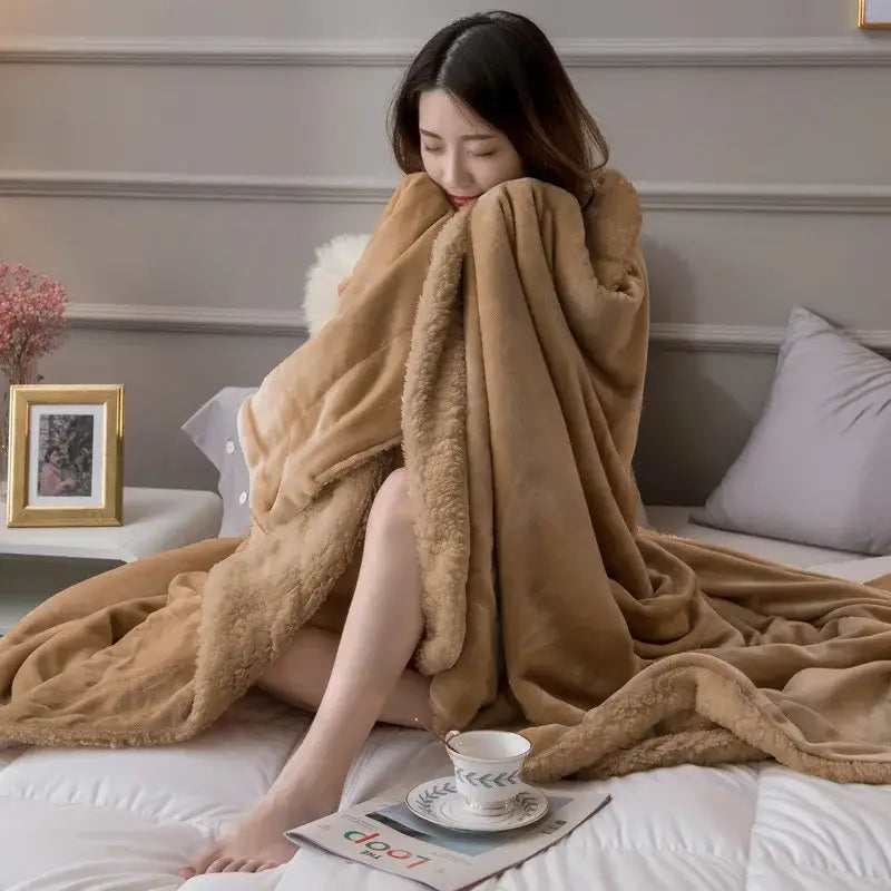 Tan & cream cozy lambswool flannel blanket bedroom fleece throw