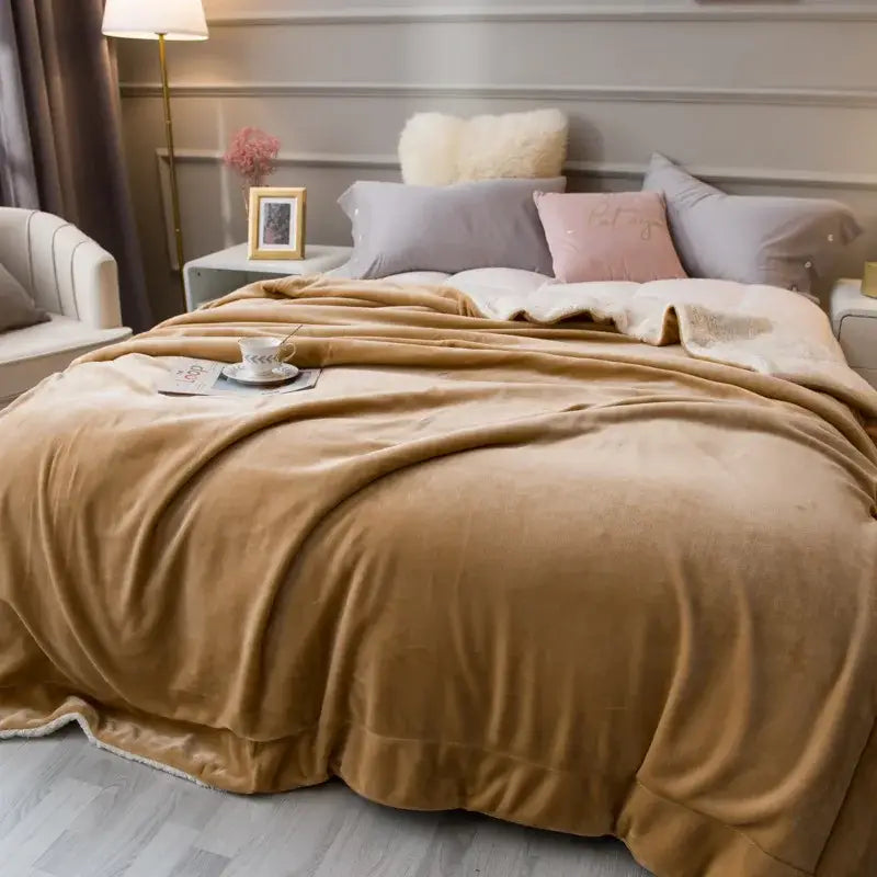 Tan & cream cozy lambswool flannel blanket bedroom fleece throw