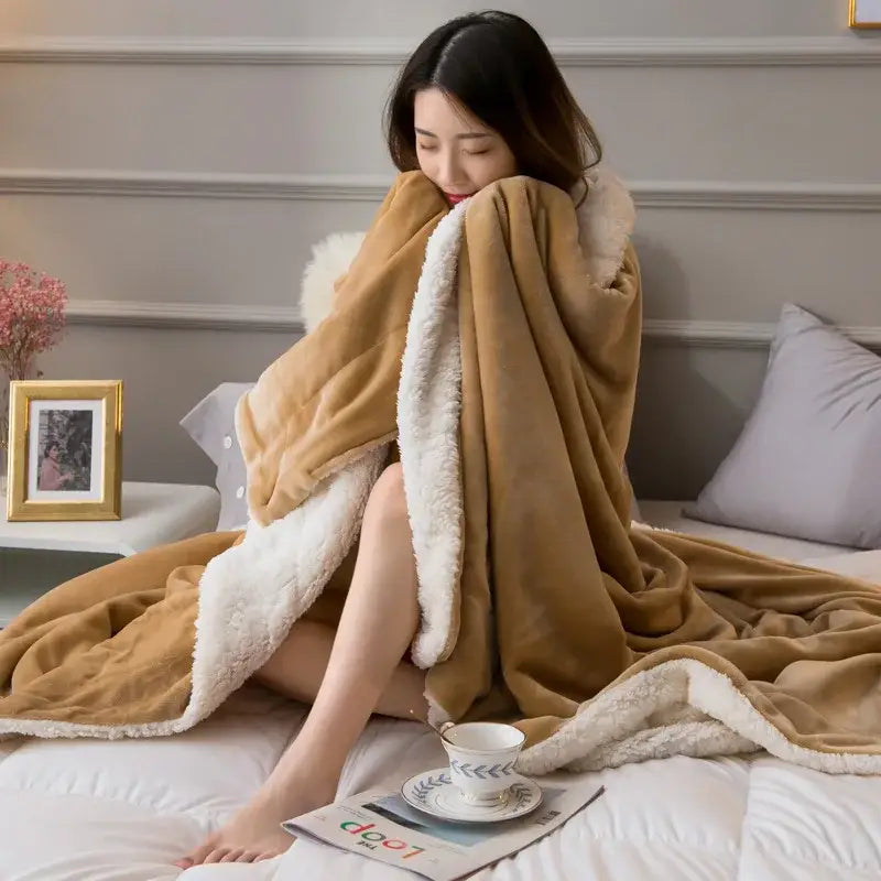 Tan & cream cozy lambswool flannel blanket bedroom fleece throw