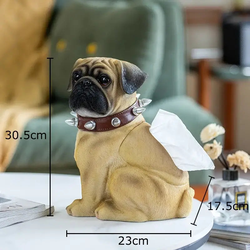 Tan pug bulldog tissue box living room spiked collar decor