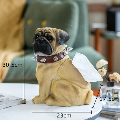 Tan pug bulldog tissue box living room spiked collar decor