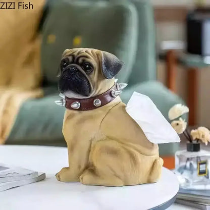 Tan pug bulldog tissue box living room spiked collar decor