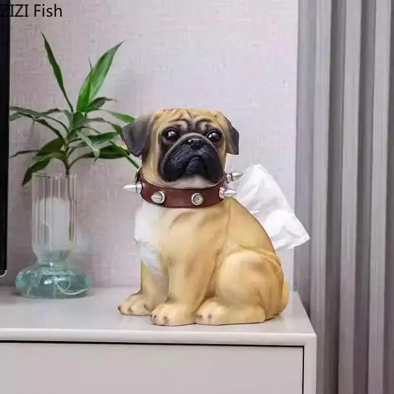 Tan pug bulldog tissue box living room spiked collar decor