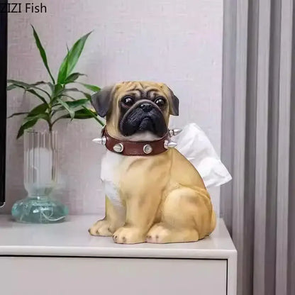 Tan pug bulldog tissue box living room spiked collar decor