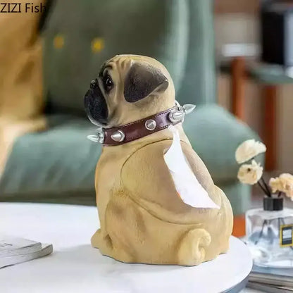 Tan pug bulldog tissue box living room spiked collar decor