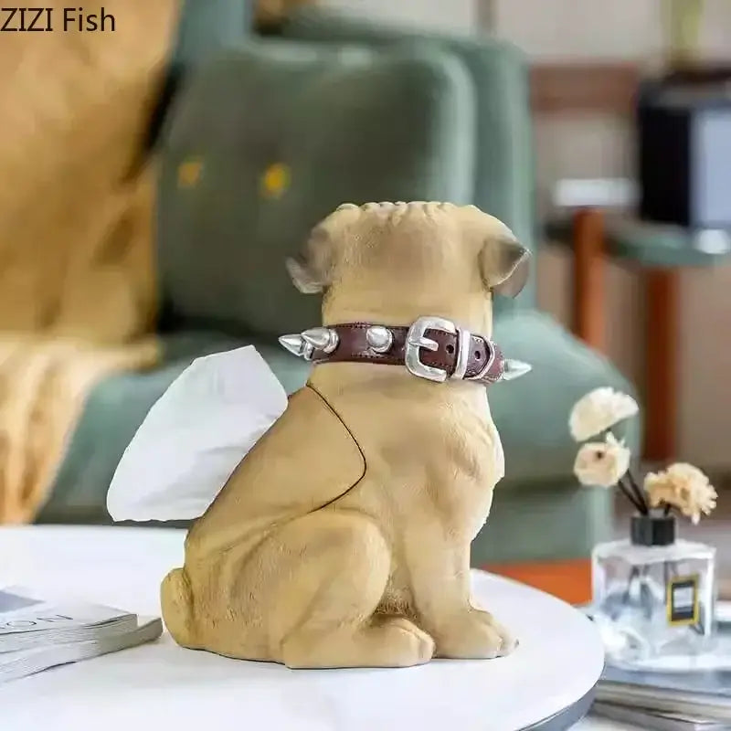 Tan pug bulldog tissue box living room spiked collar decor
