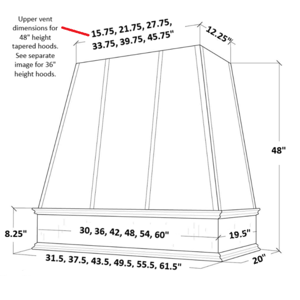 Wood Range Hood With Reclaimed Wood Band, Tapered Front and Decorative Trim - 30", 36", 42", 48", 54" and 60" Widths Available