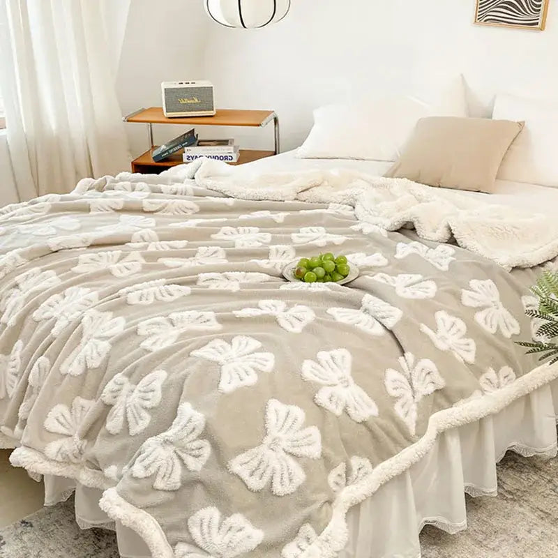 Taupe and white butterfly jacquard wool blanket bedroom fleece throw