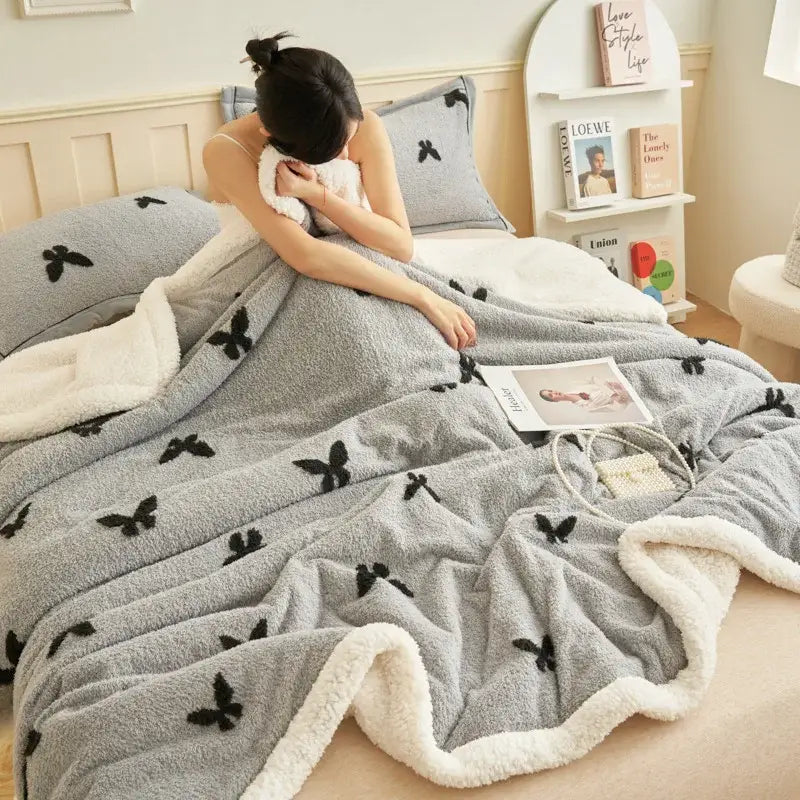 Taupe and white butterfly jacquard wool blanket bedroom fleece throw