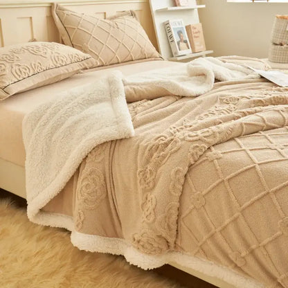 Taupe and white butterfly jacquard wool blanket bedroom fleece throw