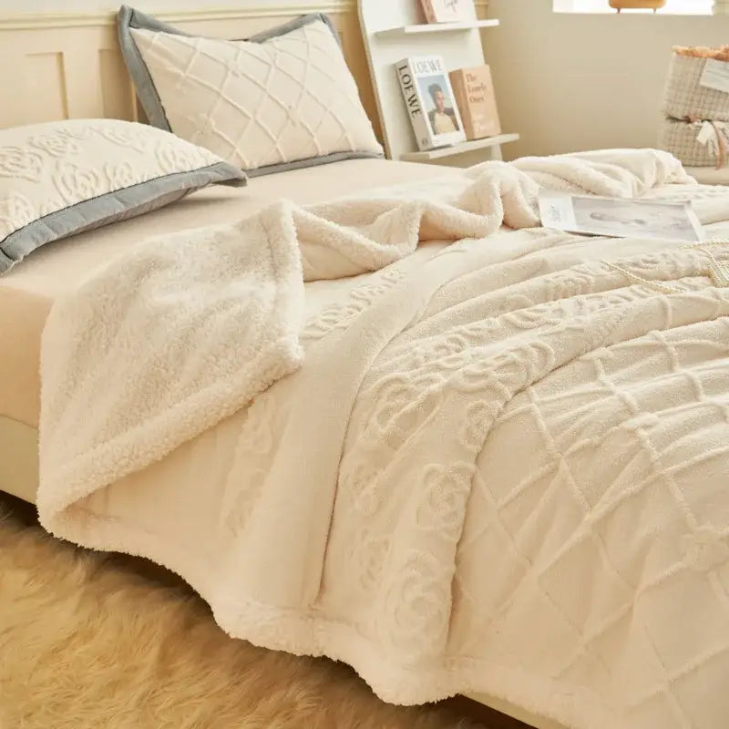Taupe and white butterfly jacquard wool blanket bedroom fleece throw