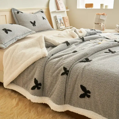 Taupe and white butterfly jacquard wool blanket bedroom fleece throw