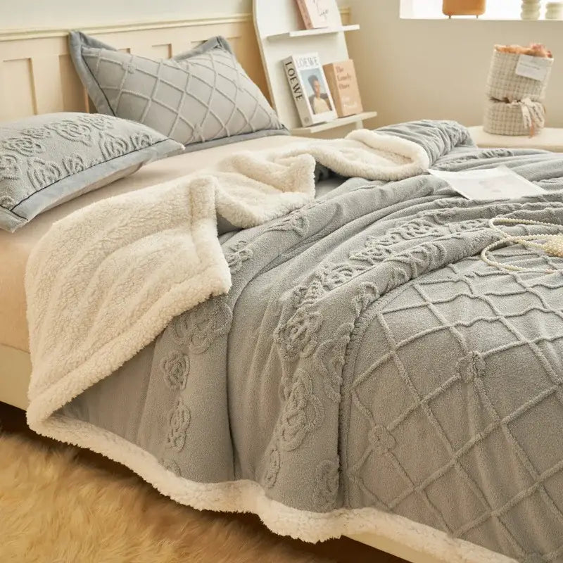 Taupe and white butterfly jacquard wool blanket bedroom fleece throw