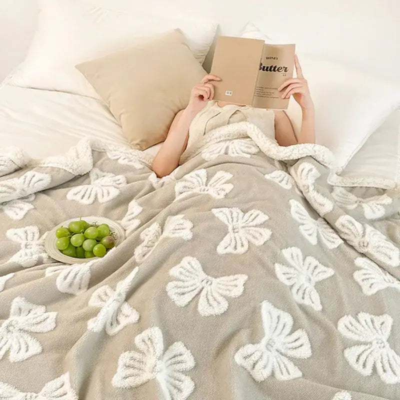 Taupe and white butterfly jacquard wool blanket bedroom fleece throw