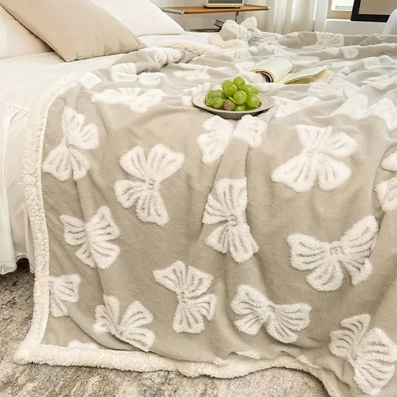 Taupe and white butterfly jacquard wool blanket bedroom fleece throw