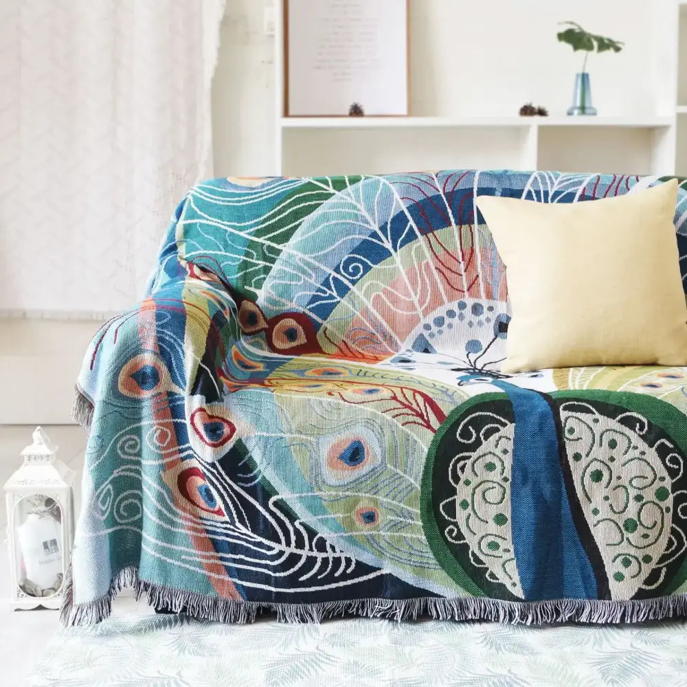 Teal and blue peacock knit sofa blanket cover living room throw
