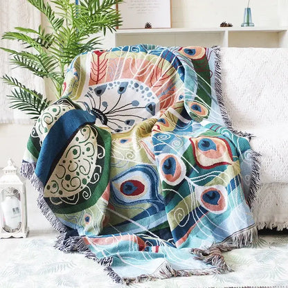 Teal and blue peacock knit sofa blanket cover living room throw
